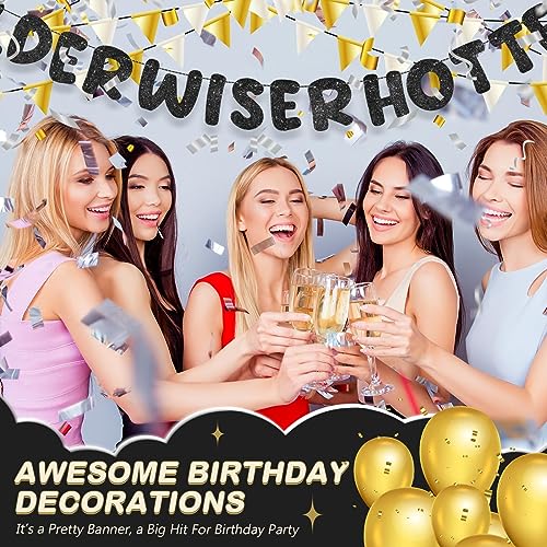 Image of Fulmoon Set of 3 Pre Strung Older Wiser Hotter Glitter Banner Funny Birthday Banner for Women 30th 40th 50th 60th 70th 80th Birthday Party Decorations Sign Gift(Black)