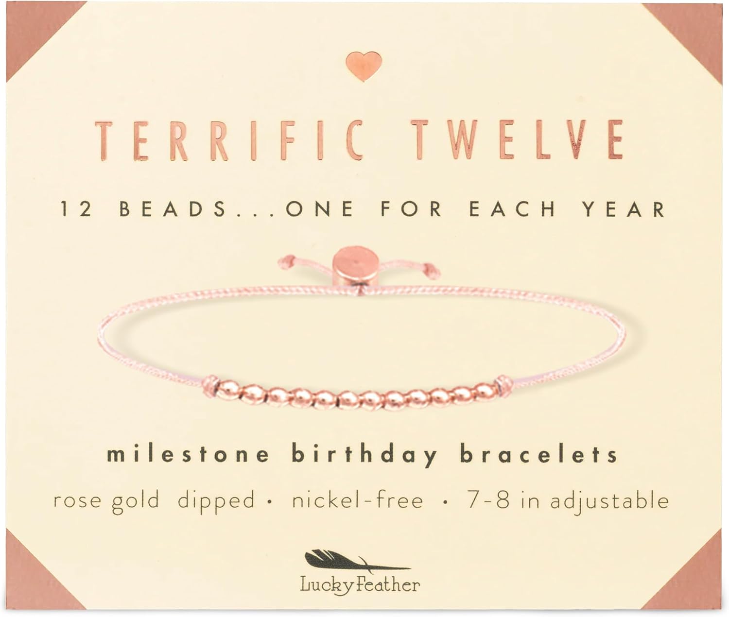 Lucky Feather 12 Year Old Girl Gifts - 12th Birthday Strand Bracelet 14K Plated Gold, Silver & Rose Gold Dipped Beads on Adjustable Cord, Milestone Jewelry Gift with Card for 12-Year-Old Girls