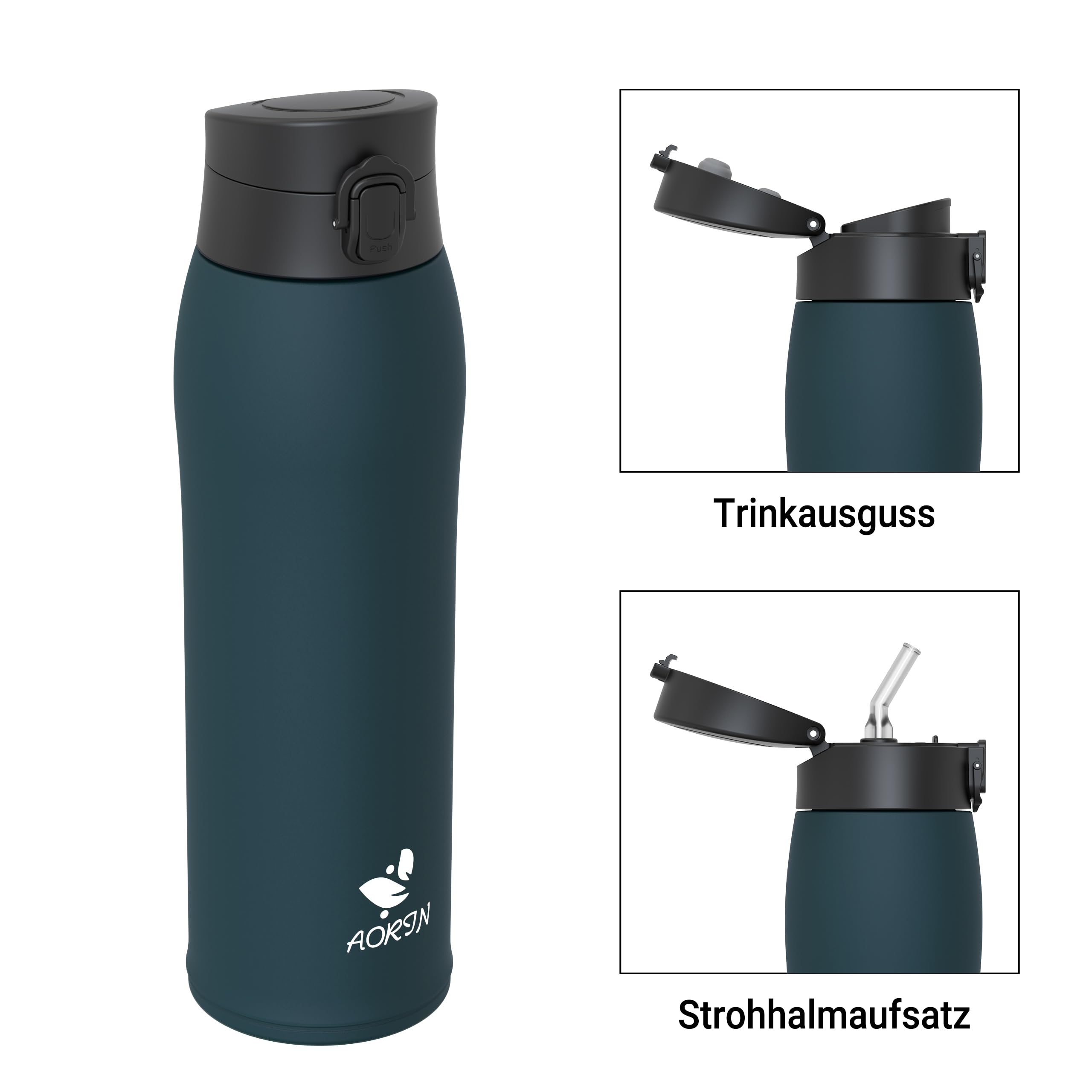 AORIN Trinkflasche Edelstahl 18/8, 950ml, Auslaufsicher Thermoskanne Isolierflasche Doppelwandig mit 2 Deckel, BPA-Frei Sportflasche, Trinkflaschen für Sport, Schule, Outdoor