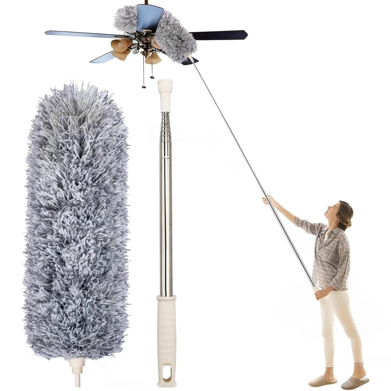 Microfiber Feather Duster Bendable & Extendable Fan Cleaning Mop with Long Rod 100 inches Expandable Pole Handle Washable Duster for High Ceiling Fans,Window Blinds, Furniture by-image-3
