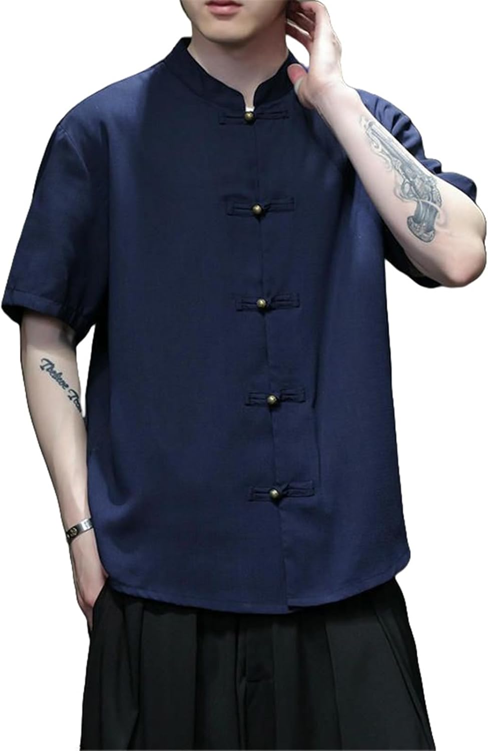 Men's Chinese Style Tang Suit Ramie Ice Silk Copper Button Stand Collar Solid Color Short Sleeve Shirt