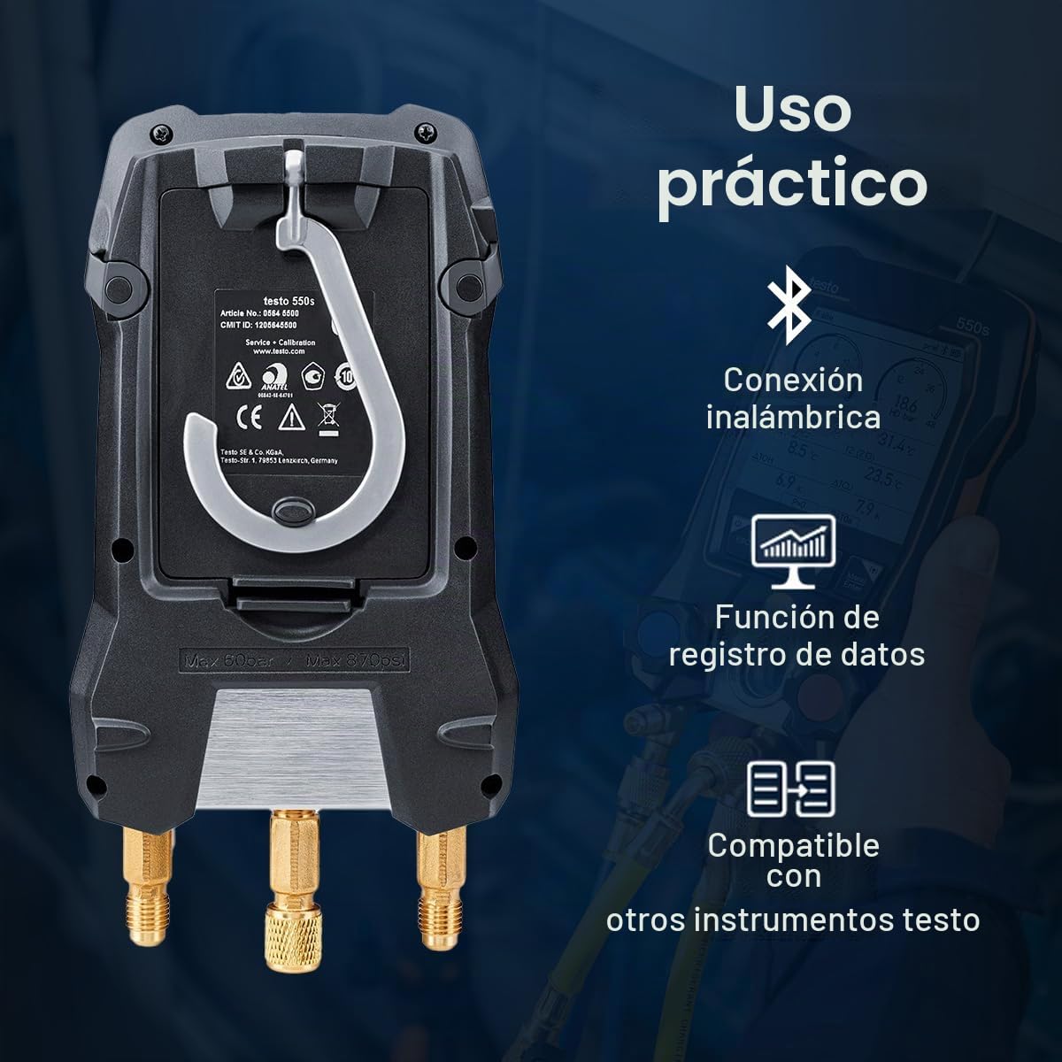 Juego de manómetros de colector AC Testo 550s – Manómetros HVAC y de refrigeración – Incl. 2 sondas de abrazadera de temperatura con cable – Kit de recarga de AC con sobrecalentamiento