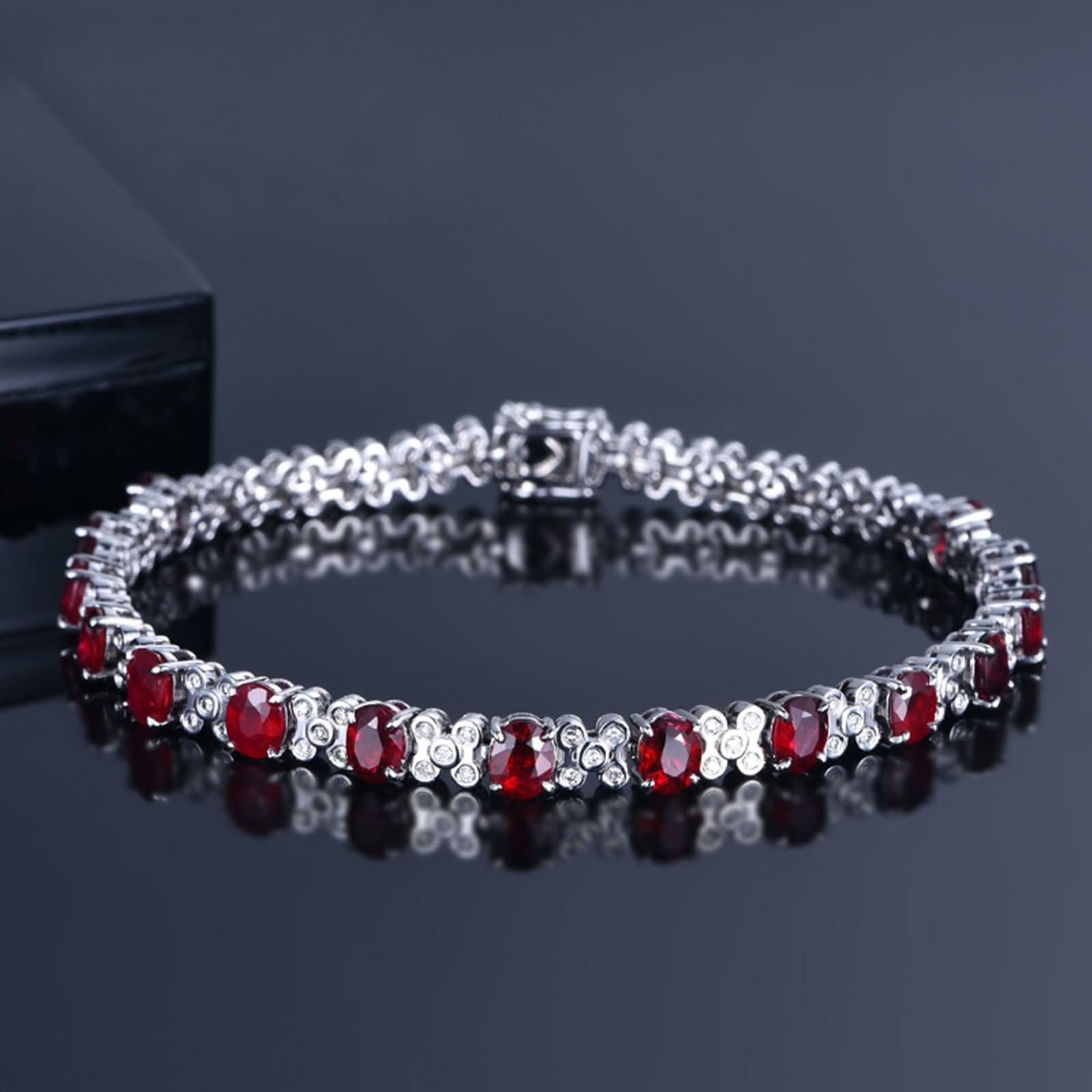 Pulsera de Oro Blanco Mujer 9 K / 14 K / 18 K, Flor y Oval con Rubí Creado de 6 ct y Diamante, Cadena 16 CM, Pulsera Mujer de Plata Rojo