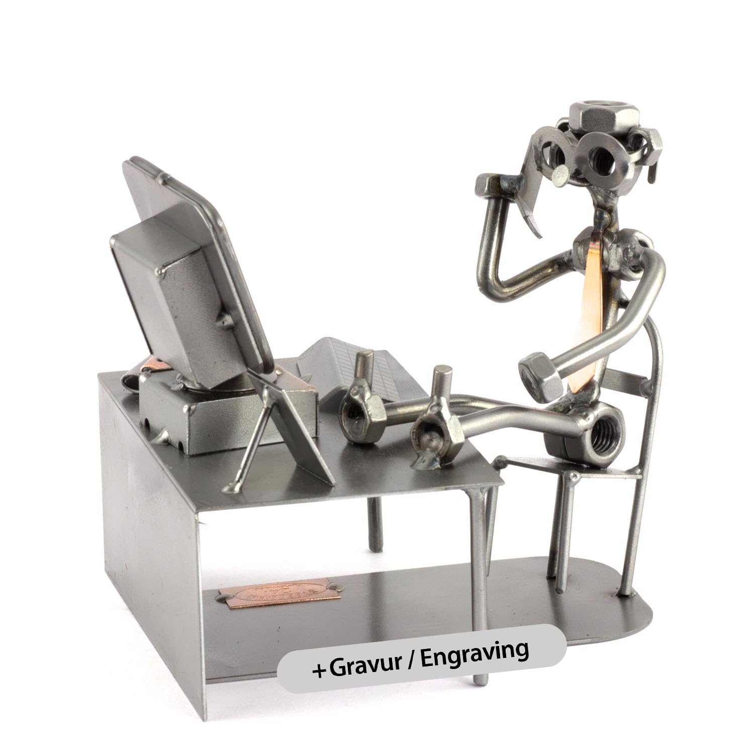 Steelman24 I Omini di Viti Pausa al Pc con Portabiglietti da Visita con Piastra di Incisione Personale I Idee Regalo I Soprammobili in Metallo