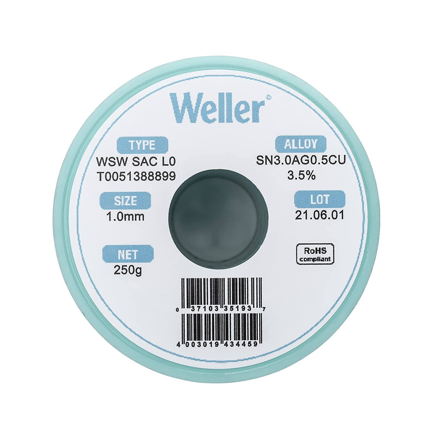 Weller WSW SAC L0 (T0051388899) Filo Saldante, Ø 1.0mm, 250g, Lega Sn96.5Ag3.0Cu0.5, Contenuto di Fondente 3,5%