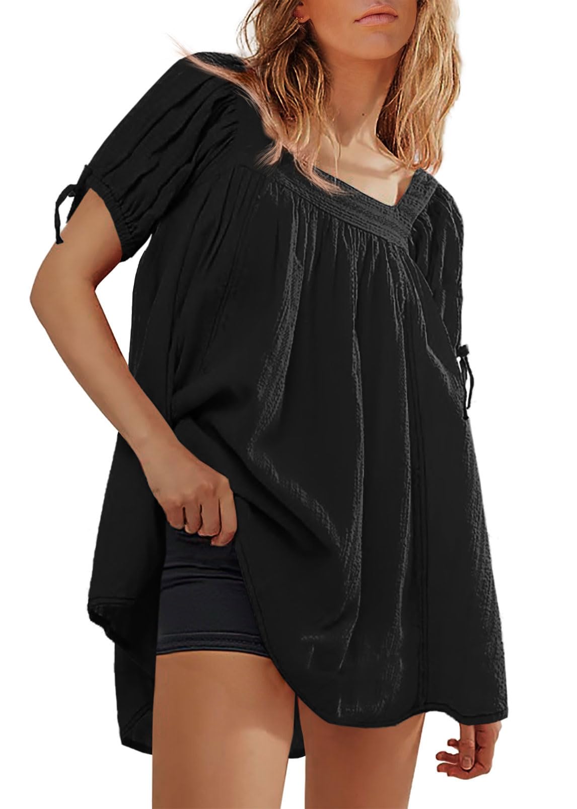 Womens Square Neck Babydoll Tops Puff Short Sleeve Tunic Shirts