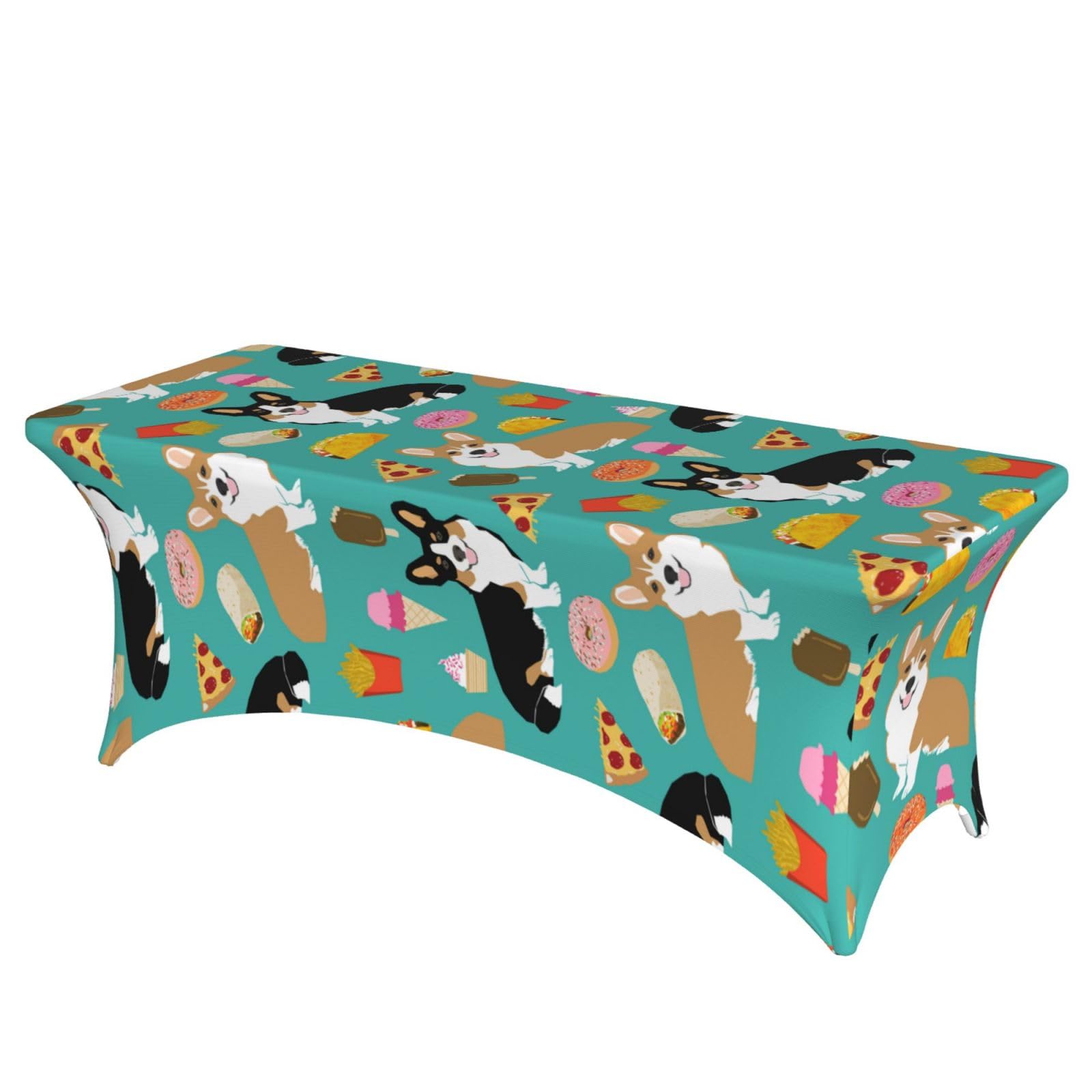 DCEHGEW 6FT Spandex Rectangular Table Cloth, Cute Corgi Printed Fitted Elastic Tablecloths Washable Table Cover for Event, Wedding, Banquet & Party
