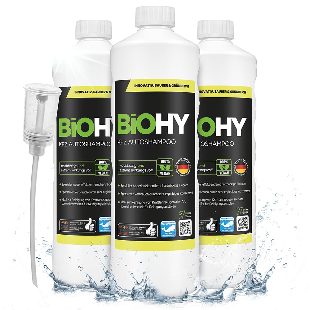 BiOHY Auto Shampoo (3 bottiglie da 1l) + Distributore | Detergente concentrato a base di alcool | Detergente universale | Detergente biologico professionale (KFZ Autoshampoo)