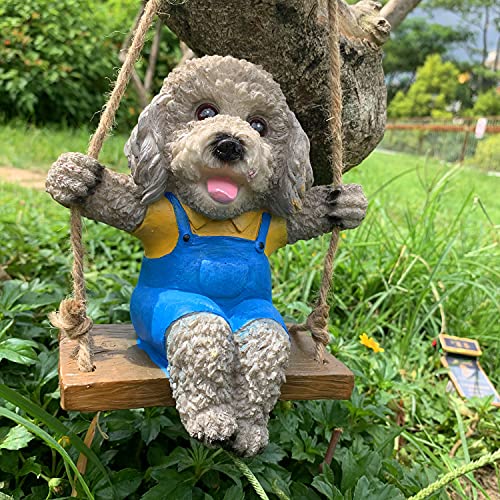 iRonrain Statue De Jardin Swing Teddy Dog, Intérieur Extérieur Mignon Banc Suspendu Chiot Simulation Drôle Art Décor Figurine Ornement pour Cour Paysage Arbre Décorations (Grey/Blue) Cover