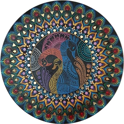Image of Round wall hanging Painting 3 peacock mandala 14X14inches-center focus