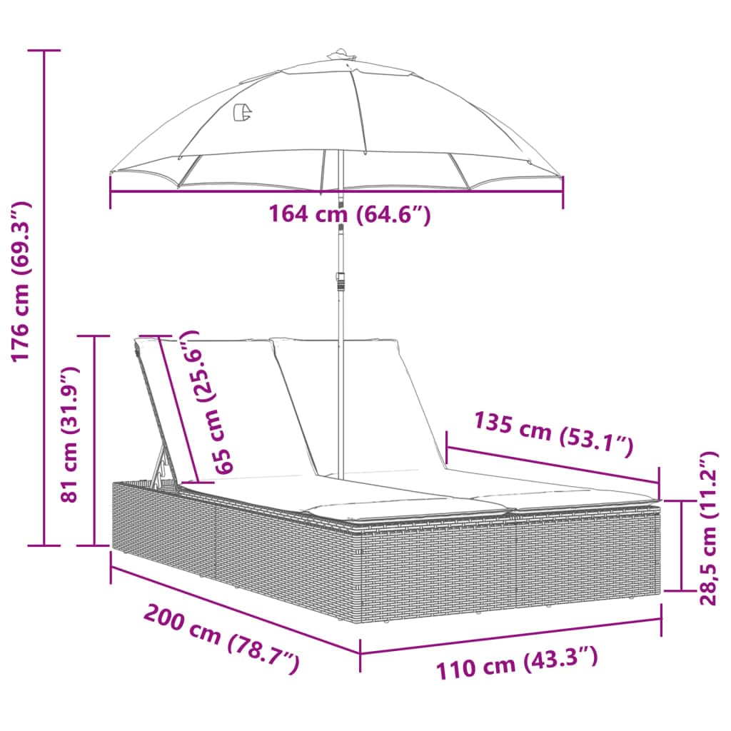 Chaise Longue Double en Résine Tressée Marron avec Parasol Rouge et Coussins Lavables - Lit de Jardin 2 Places avec Dossier Réglable pour Terrasse et Piscine - 200 x 164 x 176 cm