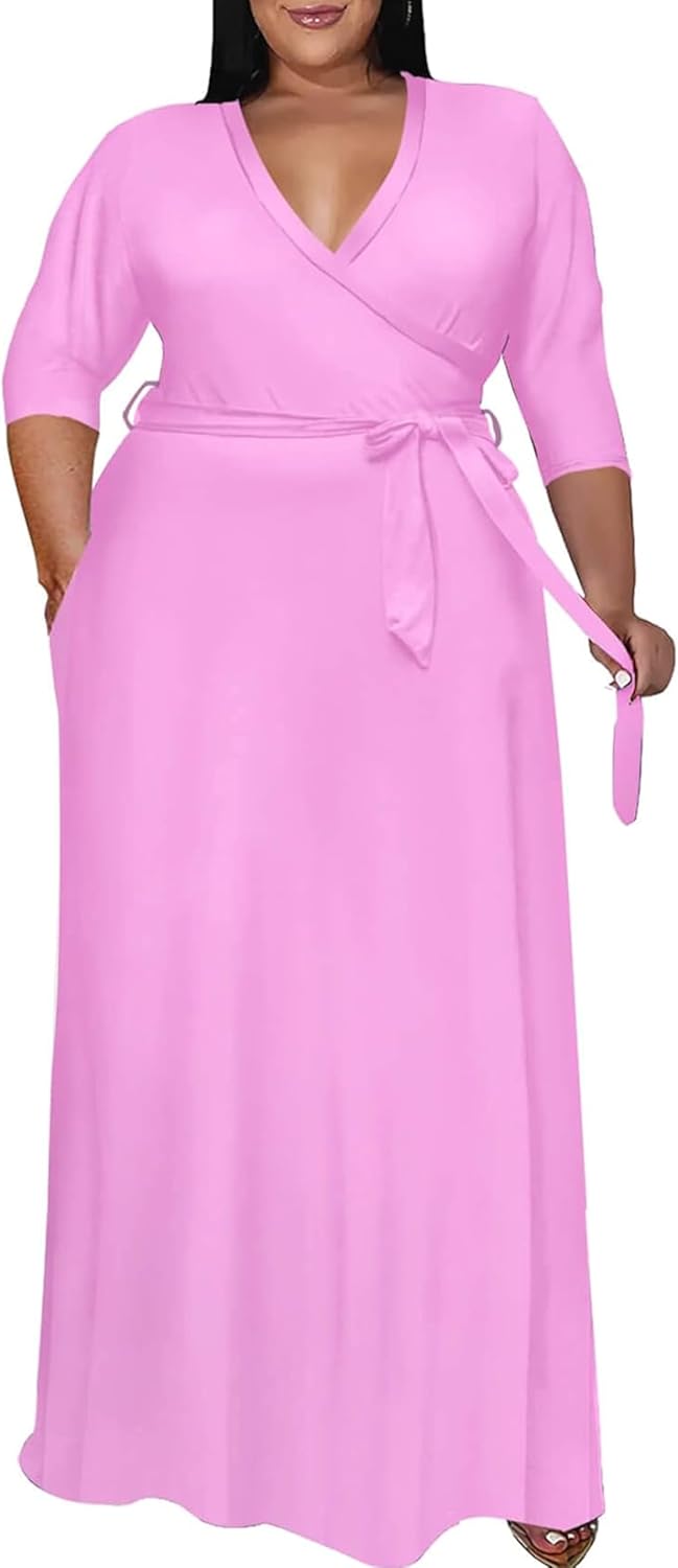 Nmoder Plus Size Maxi Dress for Women - Summer Casual 3/4 Sleeve Floral Flowy Long Dress with Belt XL- 6XL