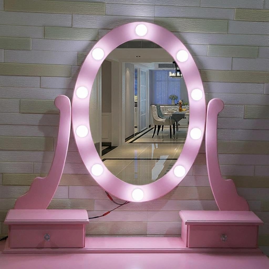 GarveeHome Modern Pink Vanity Table Set with Oval Lighted Mirror – 5 Spacious Drawers – Adjustable 3 Lighting Modes – Makeup Dressing Desk with Cushioned Stool