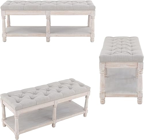 Miniatura 21 de Banco de almacenamiento capitoné de mediados de siglo con estante, banco tapizado de lino para zapatos, taburete otomano con asiento acolchado,