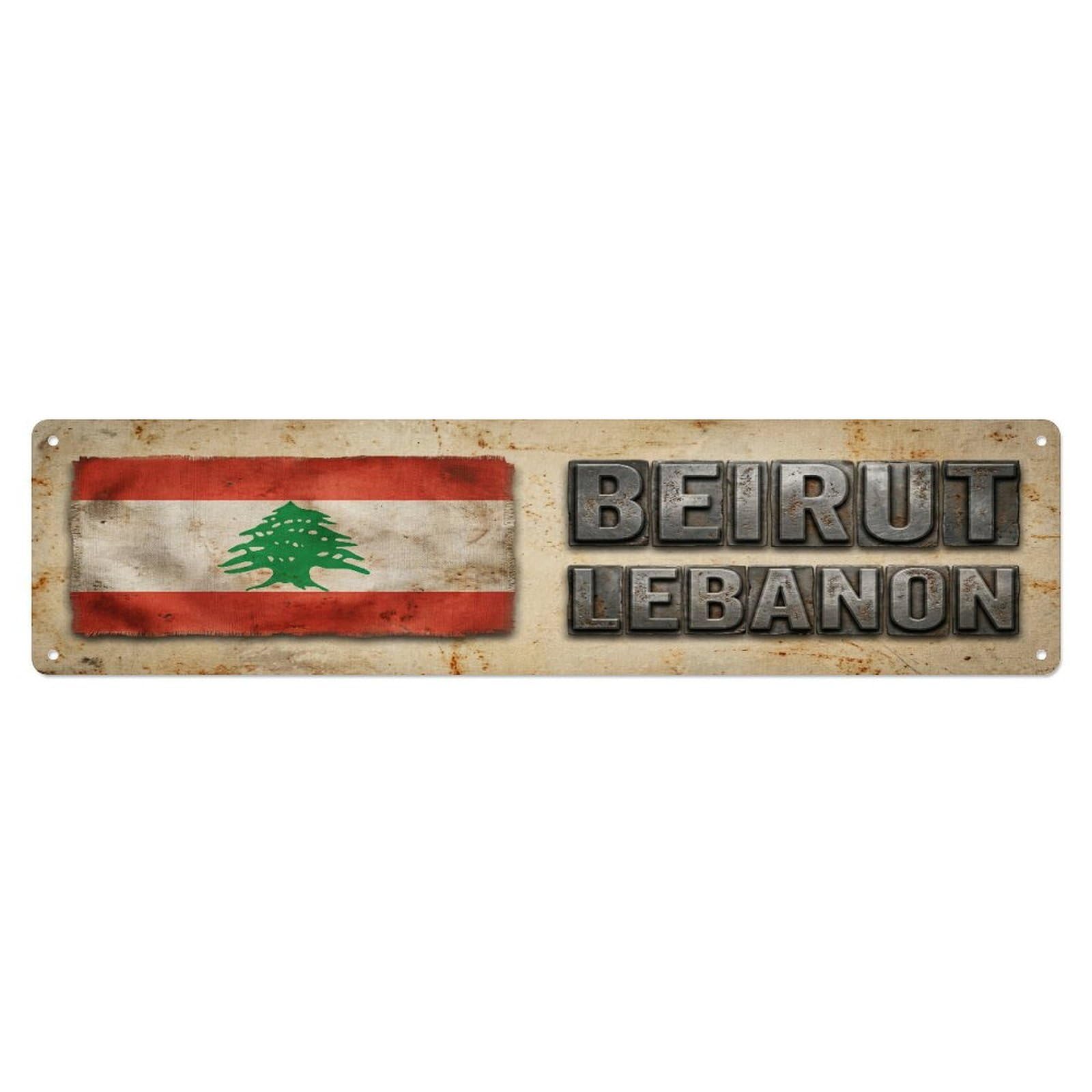 Okahys 4X16inch(10X40cm) Vintage Beirut Lebanon Flag Decor Rustic Travel Metal Tin Sign