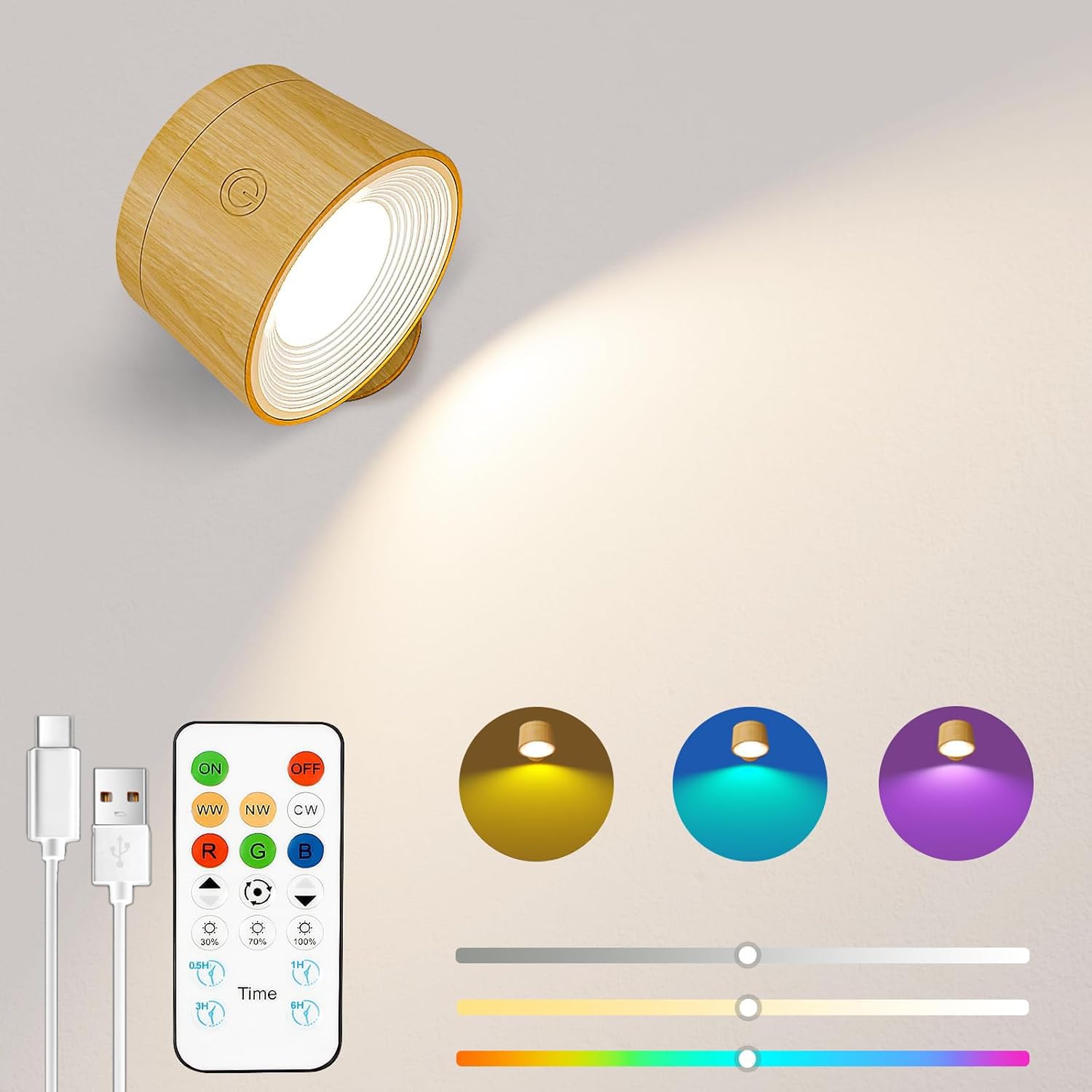 Speclux Battery Operated Wall Lights Wood Grain, Rechargeable Wall Lights Indoor, 3500mAh Magnetic Wall Lamp with Remote, 3 Color Temperatures & 13 RGB & Dimmable 360° Free Rotation Wall Sconces