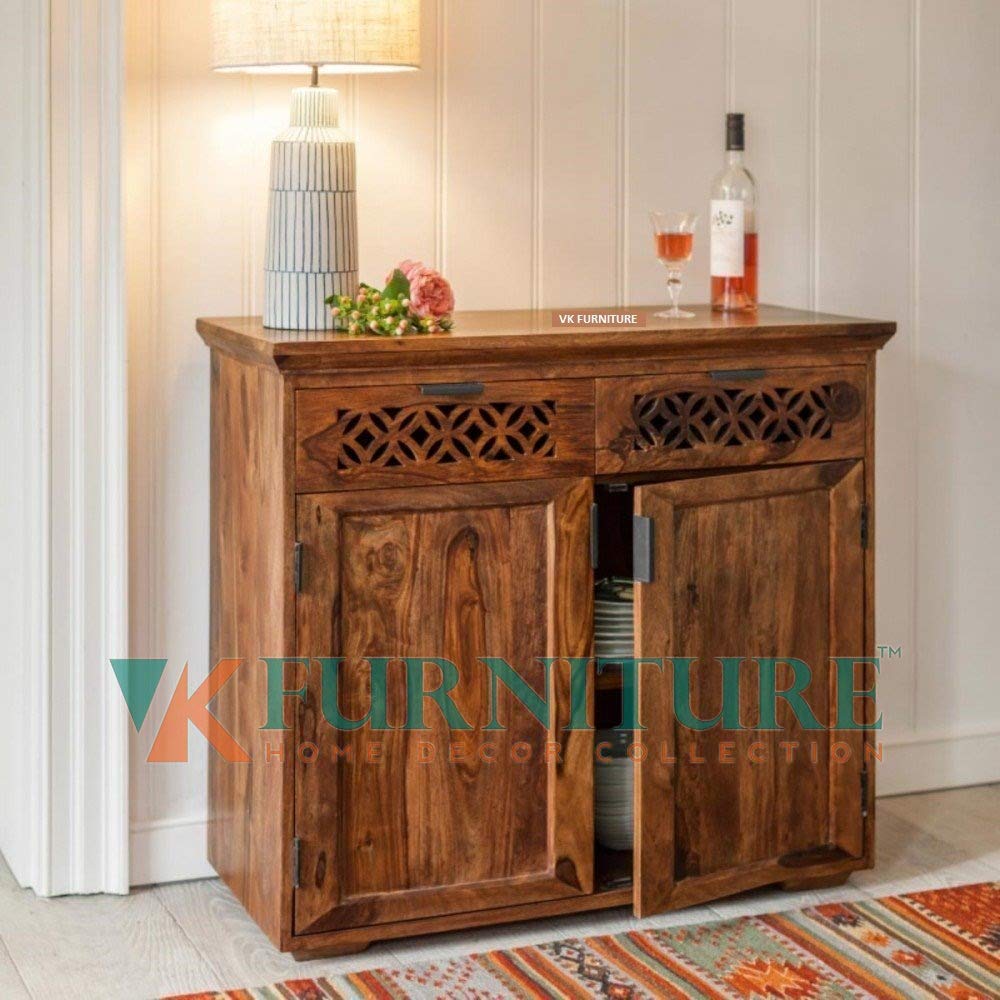 Sheesham Wood Sideboard Cabinet for Kitchen and Living Room | Wooden Side Board with 2 Drawers and Shelf Storage | Side Board Cabinet Furniture | Natural-image-9