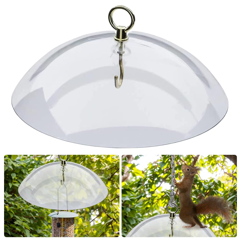 Deflector de ardilla para comederos de pájaros, 26 cm, protector de clima transparente, instalación sin herramientas, deflector de plástico resistente a la intemperie para proteger los comederos