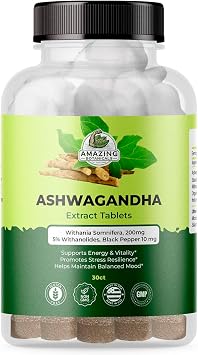 Organic Ashwagandha Root Extract Tablets - High Potency 301 - 200mg Ashwagandha Tablets Made With 10mg Organic Black Pepper for Enhanced Absorption - Vegan, Non-GMO, Gluten Free - 30 count