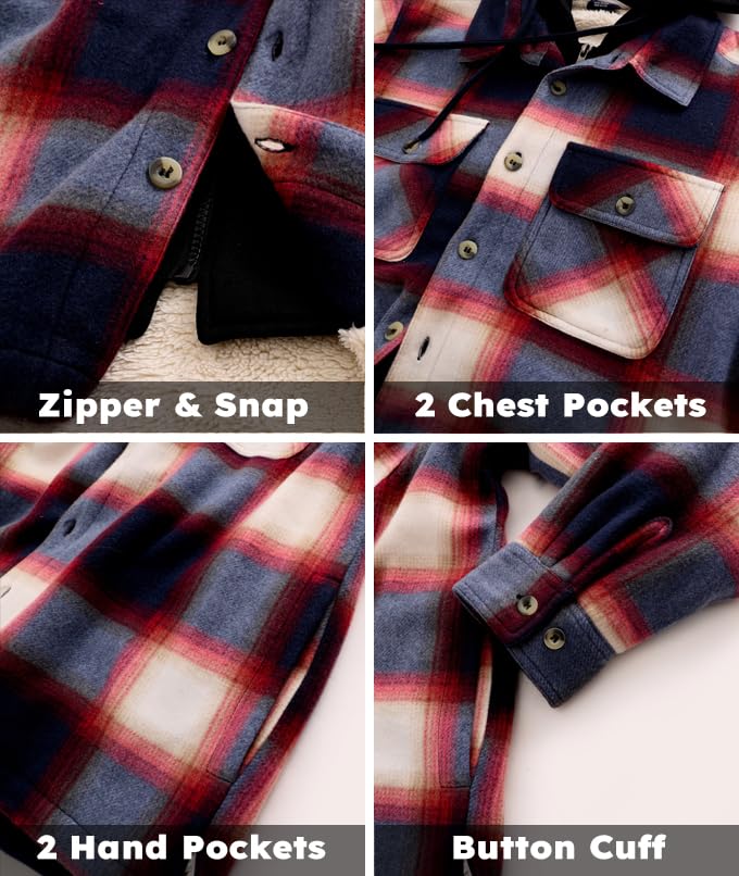 Image of TanBridge Men's Cotton Plaid Shirts Jacket Full Zip Fleece Flannel Sherpa Lined Hoodies Heavyweight Hoodies Jacket for Men