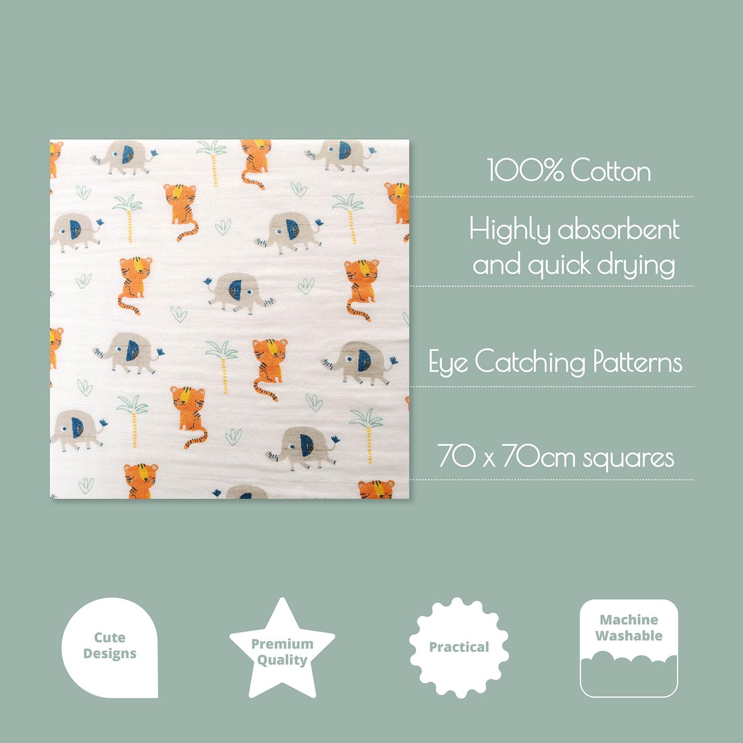 Ziggle Muslin Cloths for Baby Luxury Large Muslin Squares 70x70, Savanna Animals - Image 3