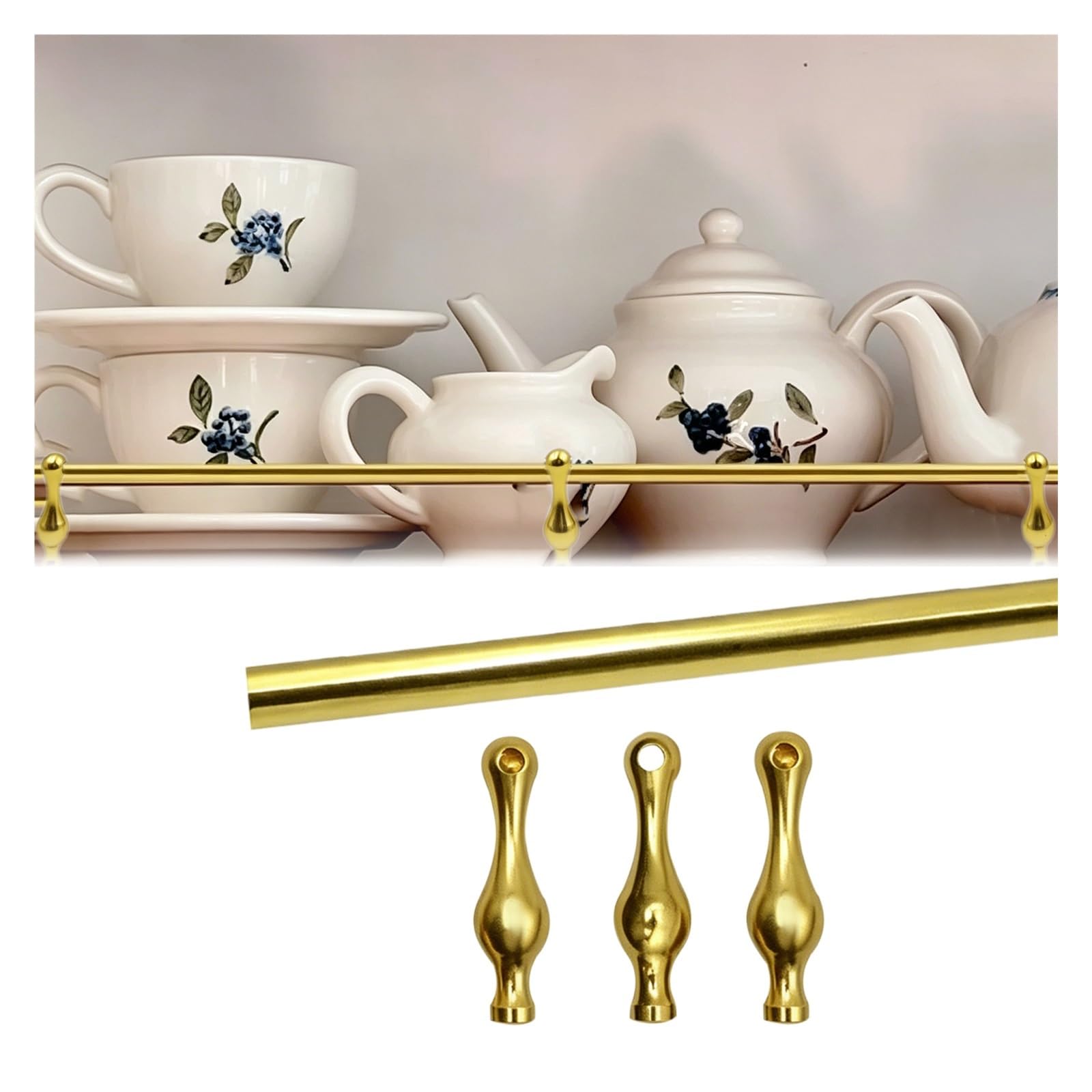 Aluminum Tipping Gallery Rails Set 95 85 75 65 55 45cm, Customizable Guard Rail for Shelving with 3 Spindles, Decor Floating Shelf Railing Rod for Glassware, Collectibles(Gold C,85cm/33.5in)
