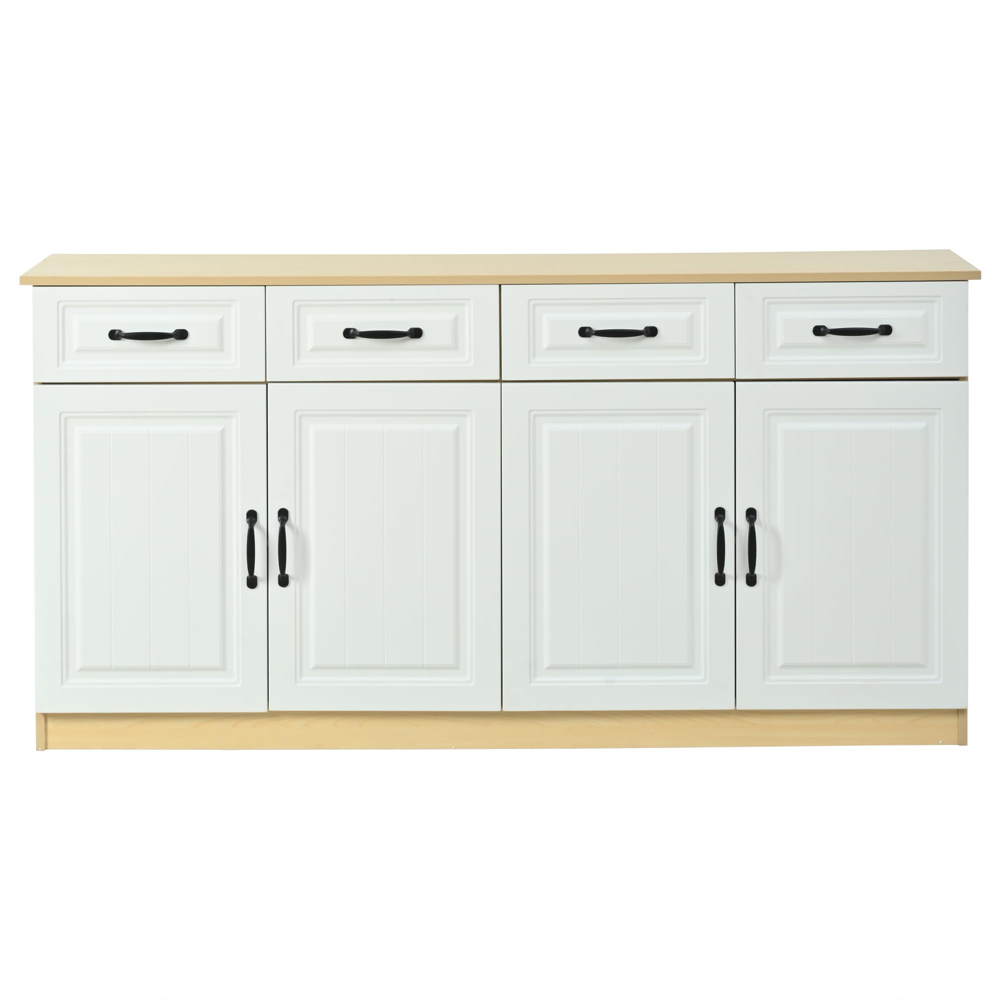 Wiuzo Sideboard,Kommode mit 4 Schubladen und 4 Türen,2 Ablageflächen,geriffeltem Design und 8 Metallgriffen,für Wohnzimmer,Schlafzimmer und Küche, 160x35x80cm,Weiß + Naturholzfarbe