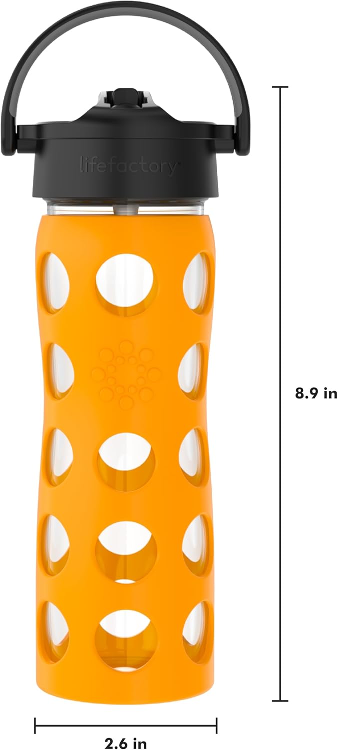 Lifefactory 16-Ounce Glass Water Bottle with Pivot Straw Cap and Protective Silicone Sleeve, Marigold