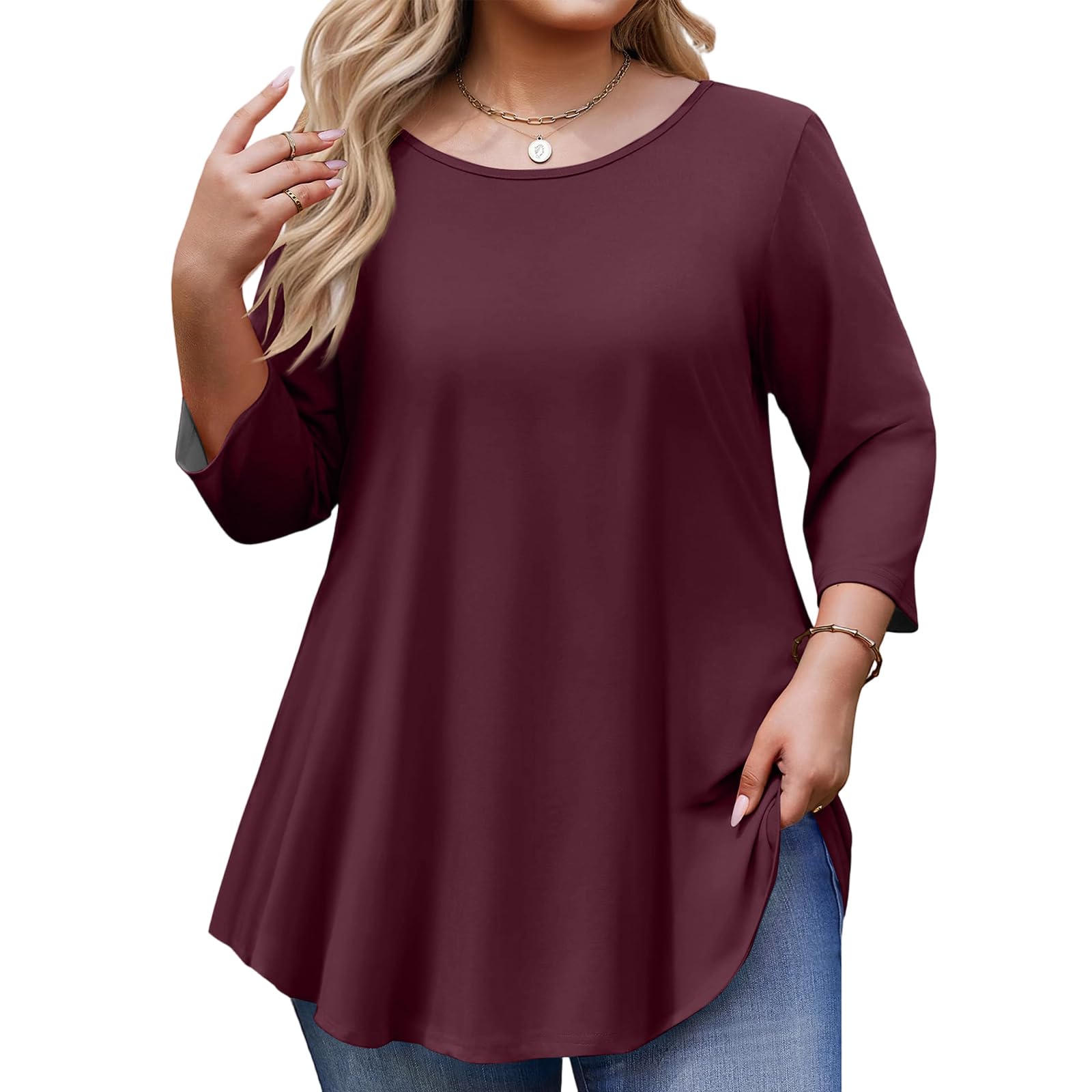 Plus Size Tops for Womens 3/4 Sleeve Tunic Tees Casual Loose Fit Swing Fall Winter T Shirts Blouse Basic Shirts
