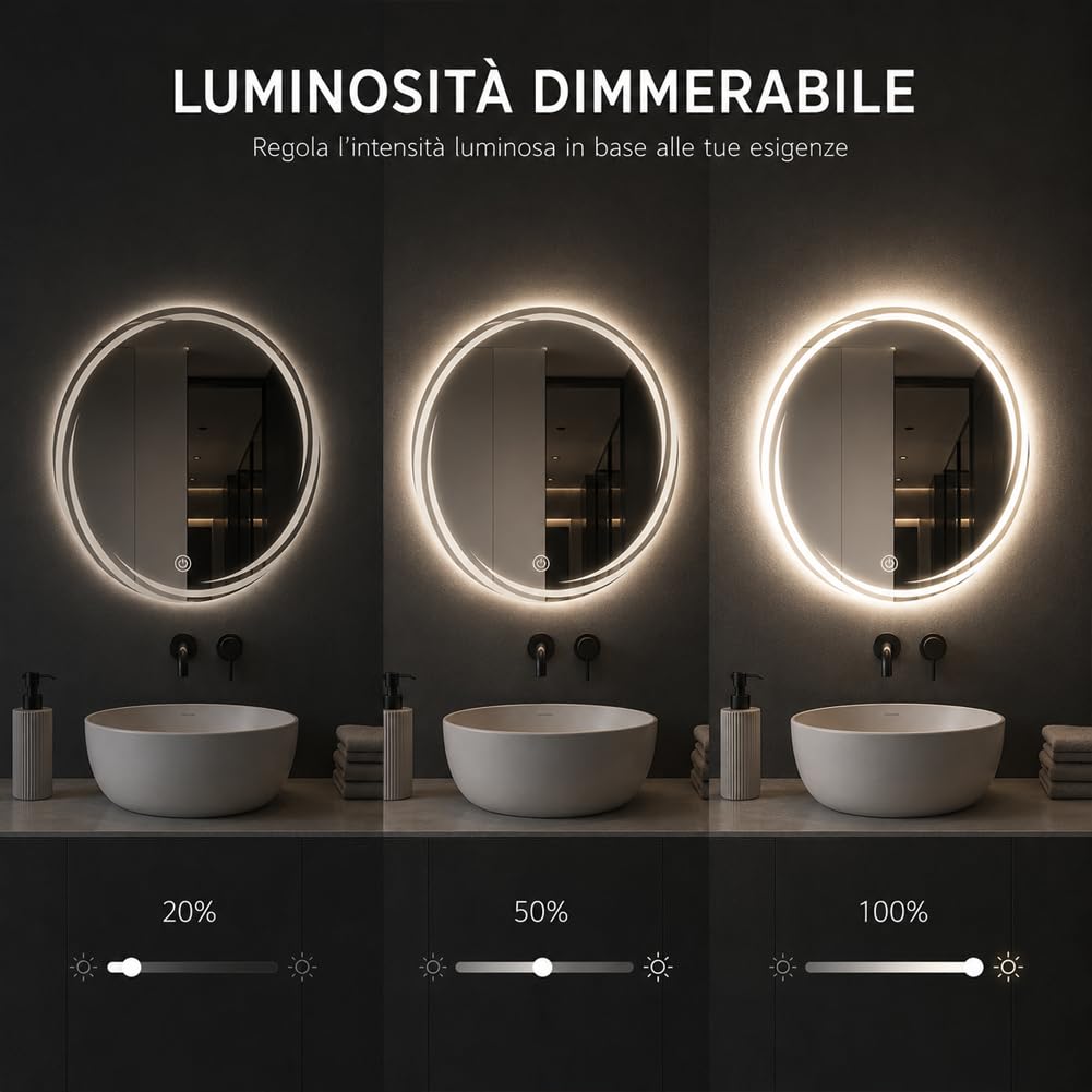 Shally Dogan Specchio Spirale da Parete con Led Dimmerabile a 3 Colori, Bianco Freddo, Caldo e Naturale, Accensione con Touch, Decorazione da Muro Design Moderno e Salvaspazio