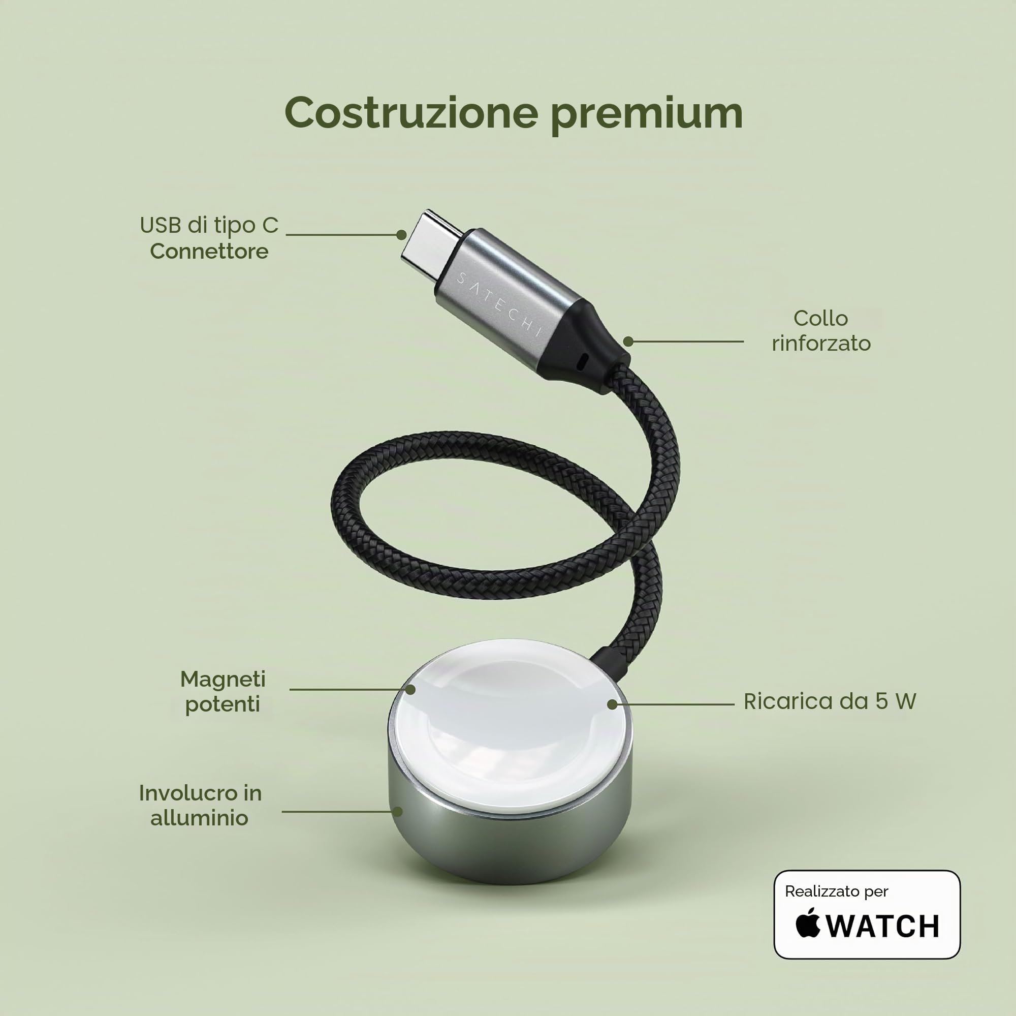 SATECHI Caricatore Magnetico USB-C Certificato MFi per Apple Watch, Ricarica Rapida 5W, Cavo Intrecciato Rinforzato da 19 cm, Compatibile con Apple Watch Series 11 a 7, Ultra 3/2/1, SE e AirPods