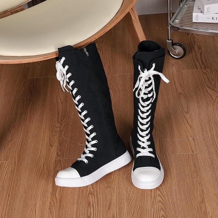 Women's Knee High Canvas Boots Platform Lace Up Side Zip Sneaker Dance Boots3