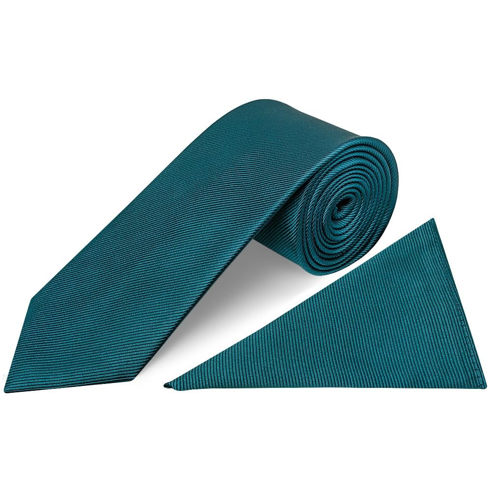 TIES R US Mens Classic 100% Silk Twill Wedding Classic Tie and Pocket Square Set (Teal)