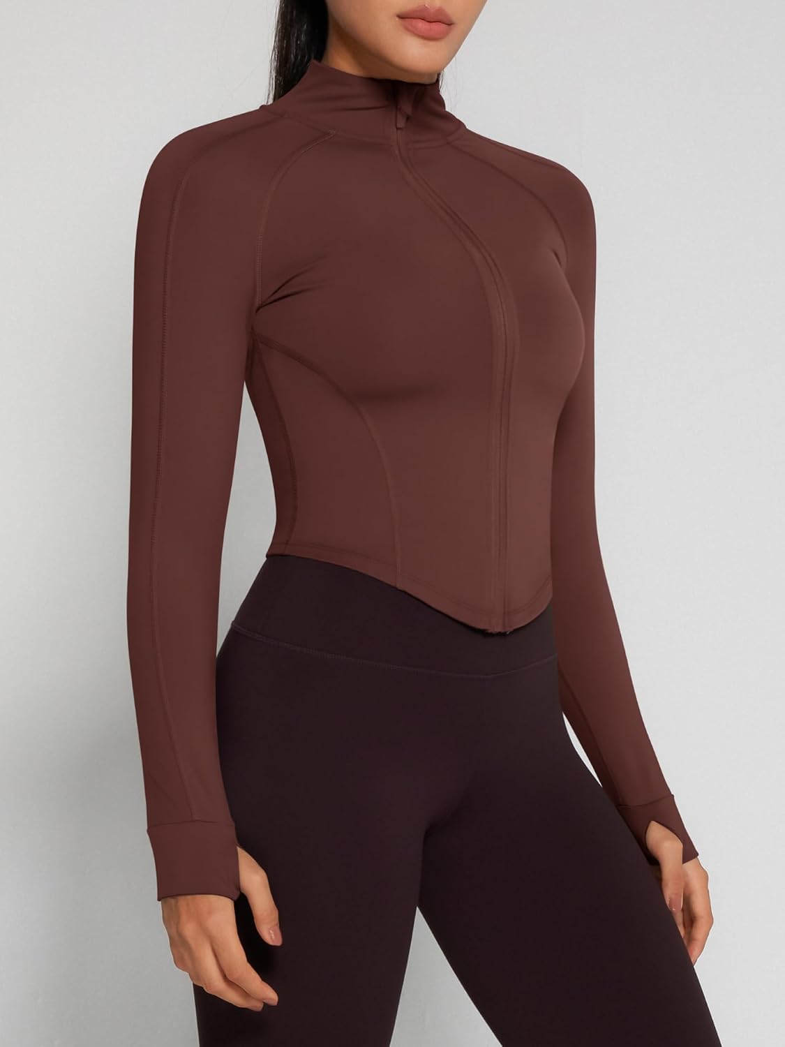 GYM RAINBOW Womens Snatched Workout Jackets Lightweight Zip Up Slim Fit Gym Track Athletic Jackets with Thumb Holes(#1 Dark Red Brown,X-Large) - Image 5