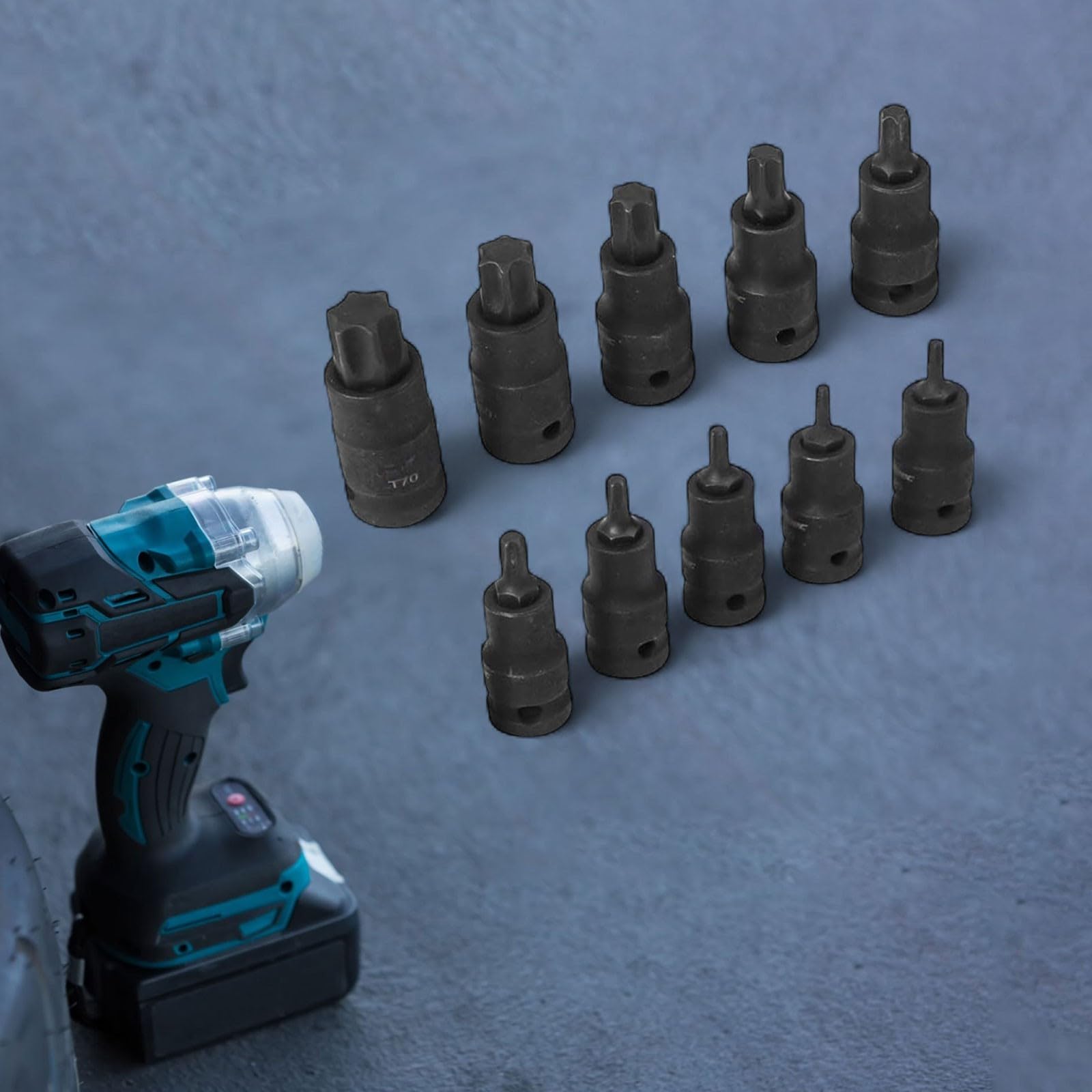 Vanadio T20t70 - Set di chiavi e chiavi a bussola in acciaio per attacco compatibile da 1/2" con adattatore Torx cromato, 10 pezzi