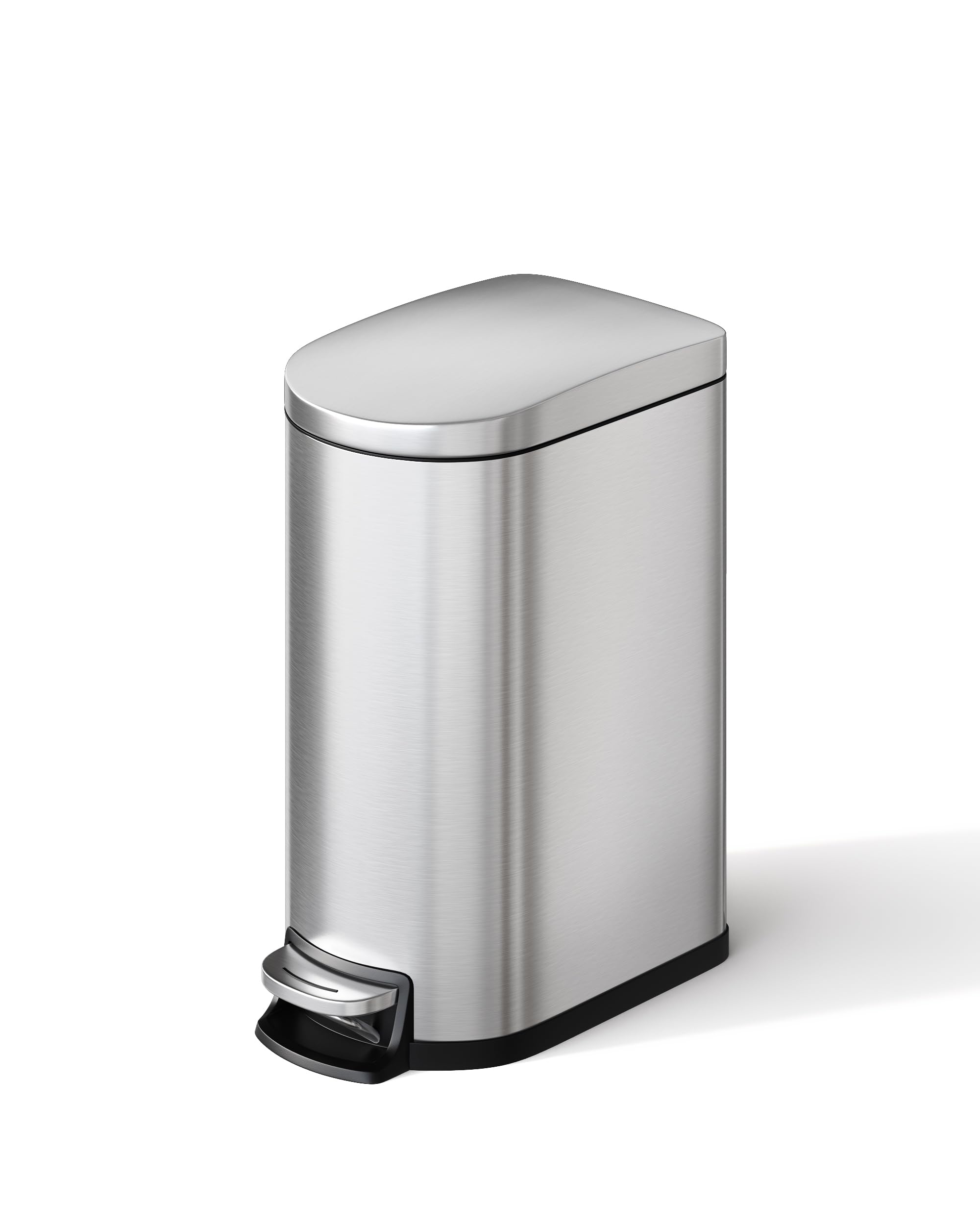 Garvee 2.6 gal / 10 L Stainless Steel Bathroom Trash Can with Lid, Slim Waterproof Garbage Can for Bedroom, Small Step-on Metal Trash Bin with Inner Bucket, Rear Handle, Soft Close Lid, Silver