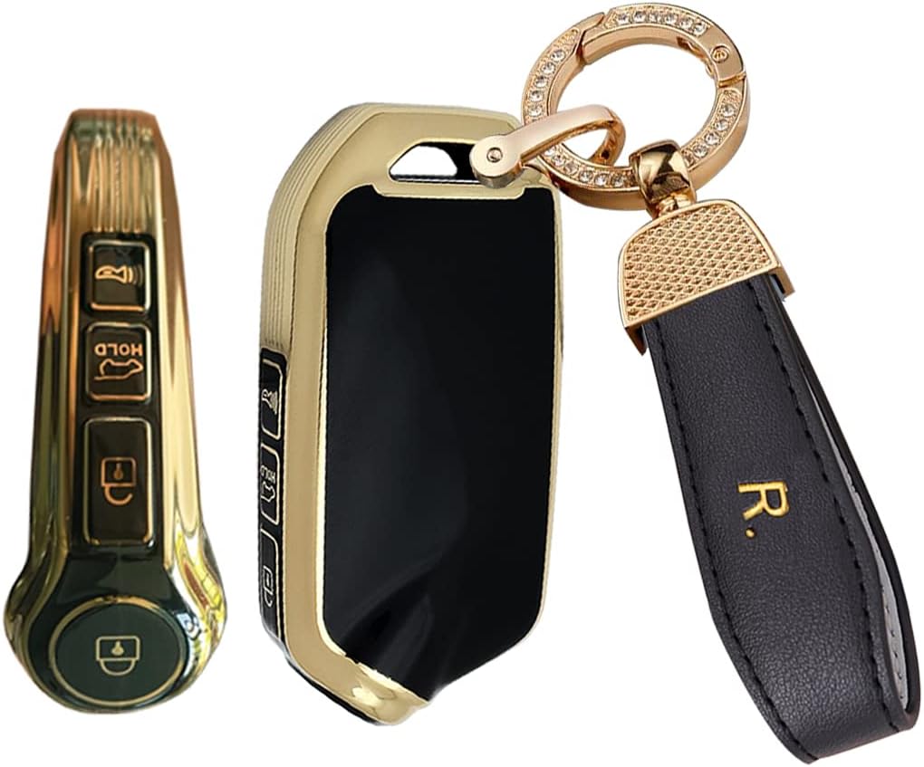 SANRILY Golden-edge 4 Button Key Fob Cover for Kia Stinger GT K9 K900 2018 2019 2020 2021 Keyless Full Protection Key Fob Case Shell with Bling Leather Keychain Black