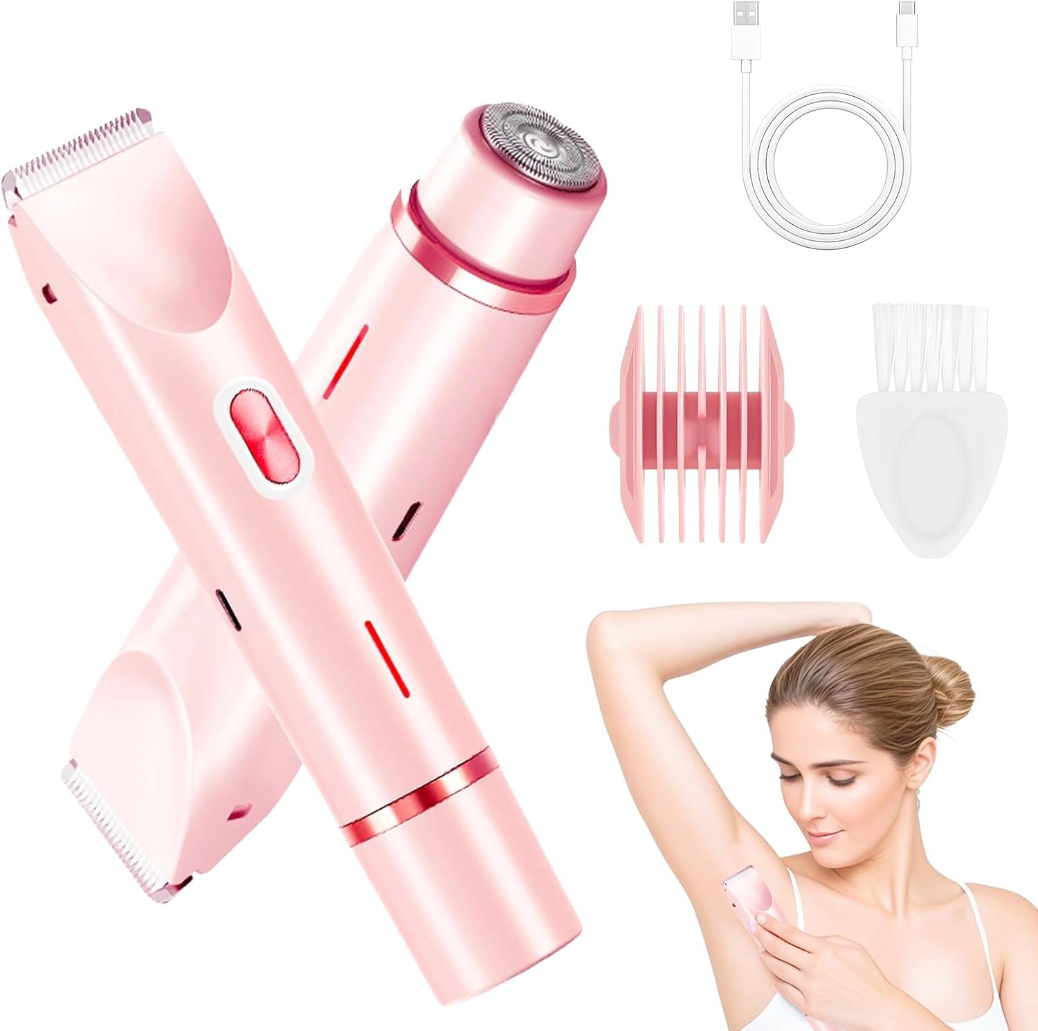 Bikini Trimmer for Women, 2 in 1 Electric Razors for Women, Dermave Bikini Shaver, IPX7 Waterproof & Easy Cleaning, Ceramic Blade, 120 Min Cordless Runtime, Ultra Low Silent(Pink).