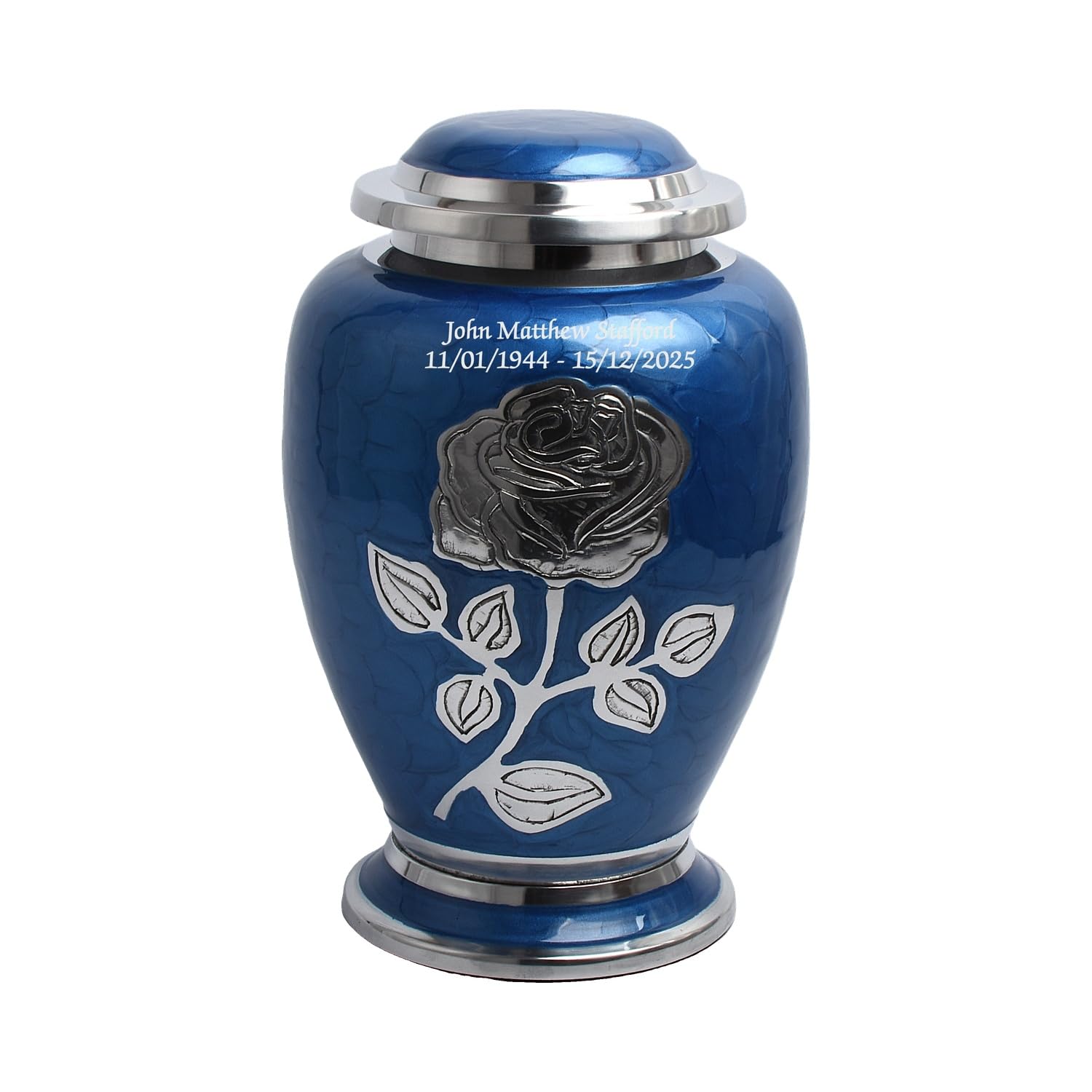 Cremation Urn for Human Ashes – Adult Large Aluminium Funeral Memorial Keepsake with Engraved Single Rose Design for Dignified Remembrance (Blue - Text Engraved)