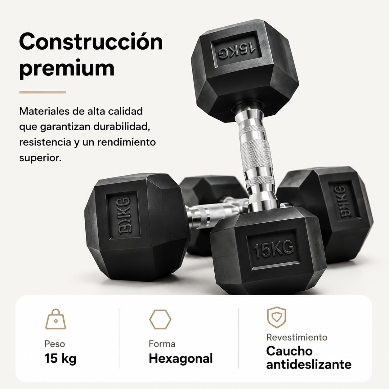Mancuerna hexagonal 15 kg con mango cromado antideslizante – Recubrimiento de goma, marcado de peso visible, estructura resistente para fuerza y cross training en casa o gimnasio