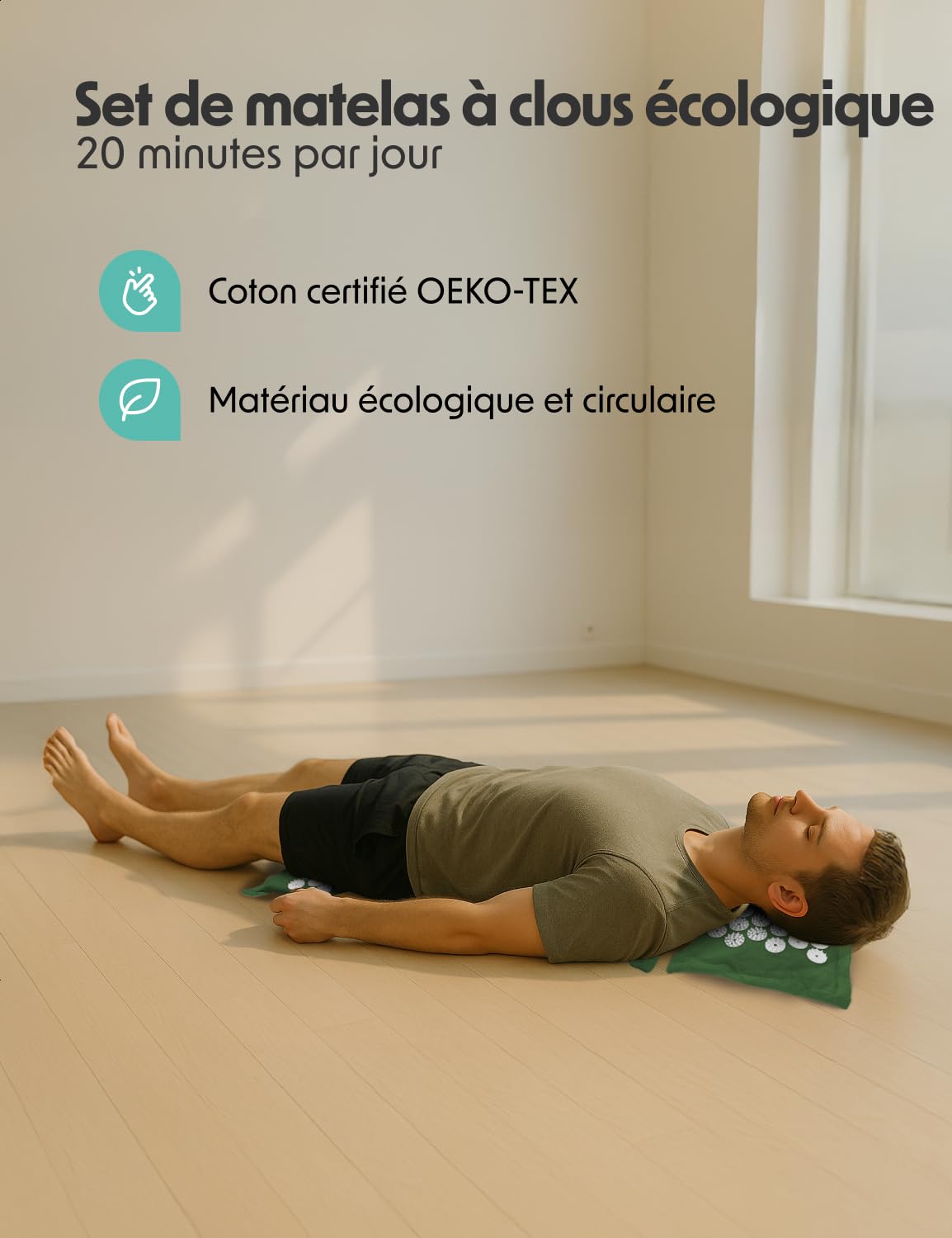 LifeGoods Tapis d'acupression ECO avec coussin - Tapis de presse sans fil - Tapis d'acupression - Tapis d'acupression - Tapis d'acupression - Tapis de massage - Dos - Tapis à picots - Tapis Fakir