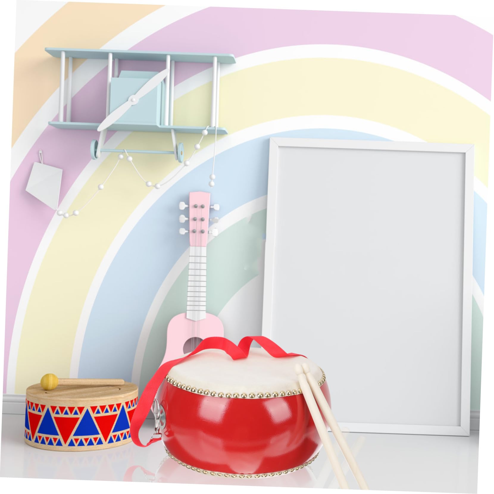 Batería Juguete Roja de Piel de Vaca y Madera para Niños, 1 Set | Juguete Musical Educativo con Baqueta, Instrumentos de Percusión, Decoracion Colegio Estilo Aleatorio