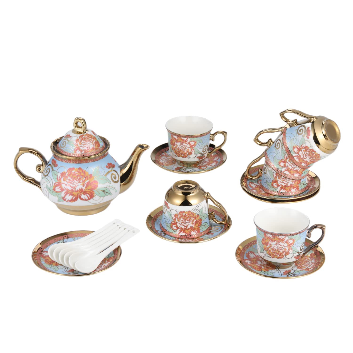 Tea Cup Set 20 Pieces Europeanism Royal Flower Series with Baked Flower Porcelain Tea Sets with 24 OZ Teapot and 6.8 OZ Coffee Cup/Teacup Suit Tea Sets for Women Tea Party Large Size(blue)