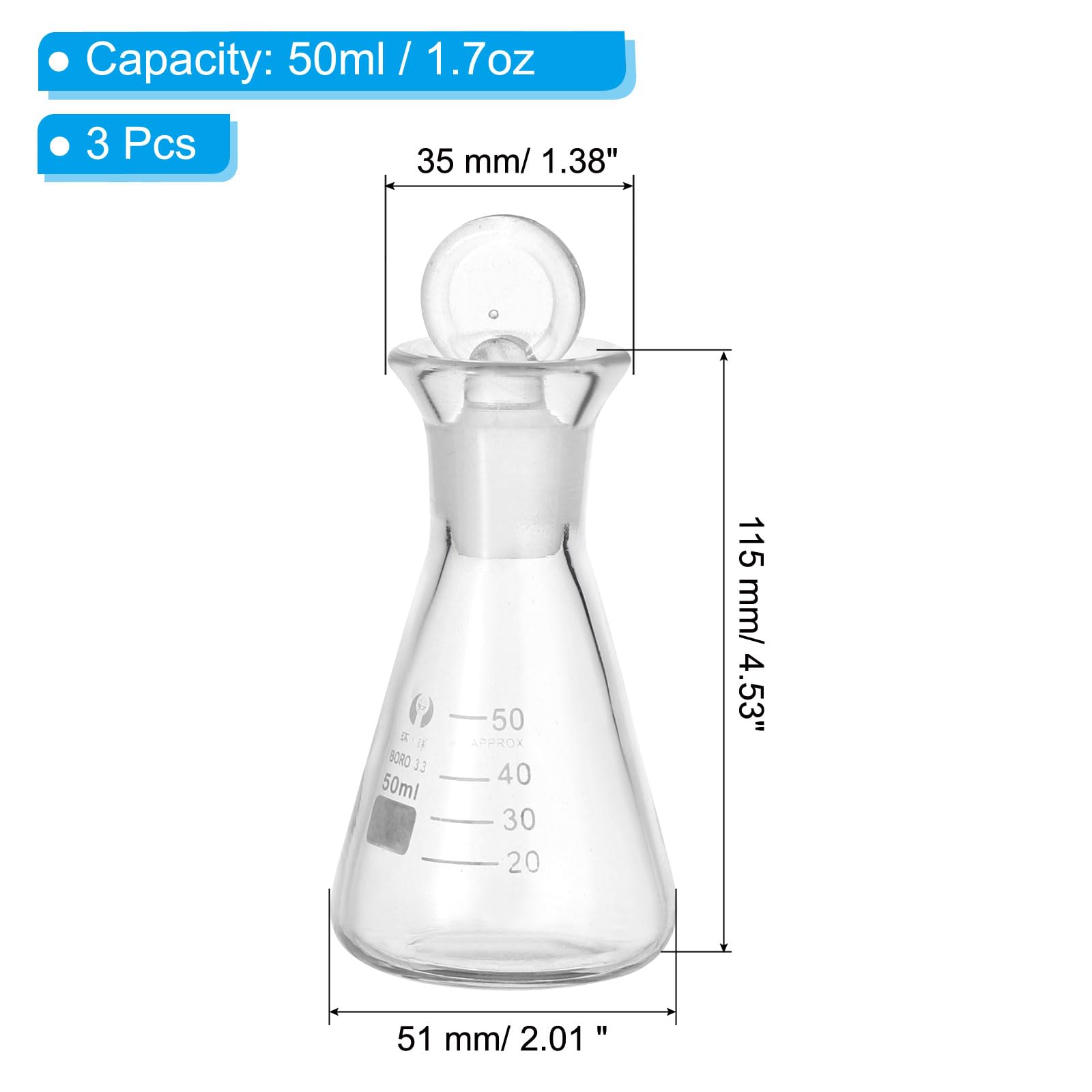 PATIKIL Matraz Erlenmeyer, 3 Pcs 50ml 1.7oz Boca Estrecha Matraces Graduados Con Tapón De Vidrio Matraces De Vidrio Borosilicato Con Escala Impresa Para Experimentos Química Ciencia