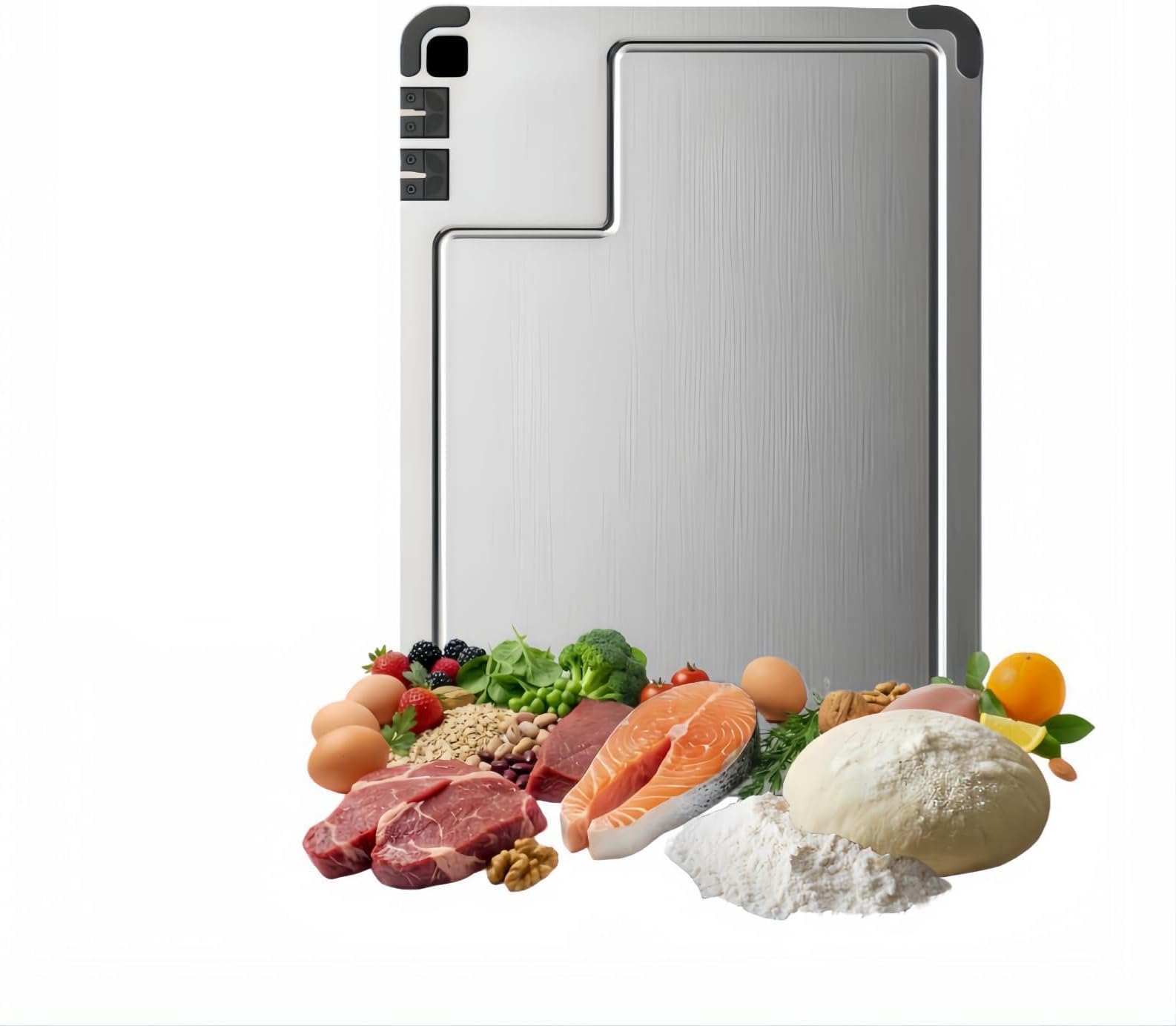 - 316 Stainless Steel Cutting Board All-in-One with 2 Sharpeners (Tungsten+Ceramic) | cutting boards for kitchen Double-sided non-toxic，juice groove，Anti-slip，anti-odor，Thin for Easy Storage