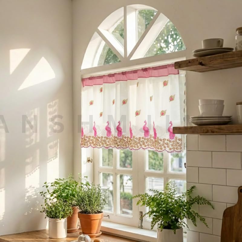 Image of Short Window Curtain for Kitchen, Living Room, Cafe, Restaurant & Home Decor | Elegant Half Window Valance | Length - 24 Inch, Width - 42 Inch (Pink Peacock, Small)
