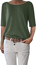 shownicer Women's Mid-Long Sleeve Boat Neck T-Shirt Summer Casual Loose Basic Top