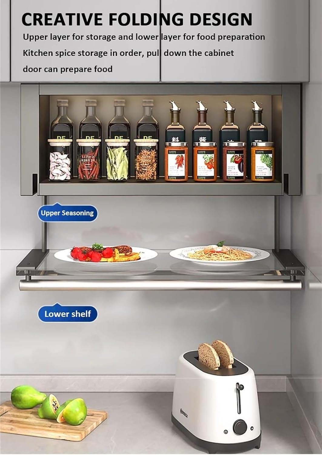 TIST Folding Wall Sliding Shelf For Spice Rack Storage Upper Cabinet Slide Out Storage Shelf Pull Down Acrylic Glass Cabinet(Style 2)