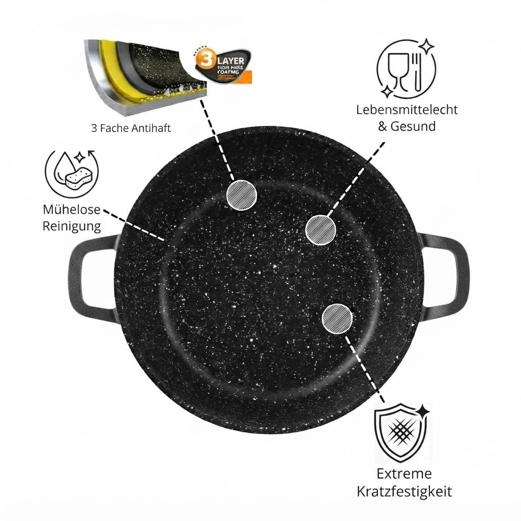 Kochtopf 10 L Suppentopf 28 cm Aluminiumguss Fleischtopf Antihaft Milchtopf Pastatopf Gemüsetopf Schmortopf Induktionstopf mit Glasdeckel Bratentopf für alle Herdarten auch Induktion