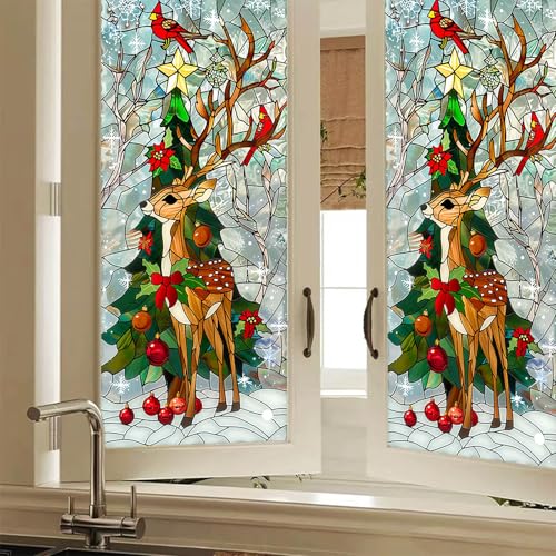 HOMETITUTE Reindeer Stained Glass Decorative Privacy Film Christmas Tree Window